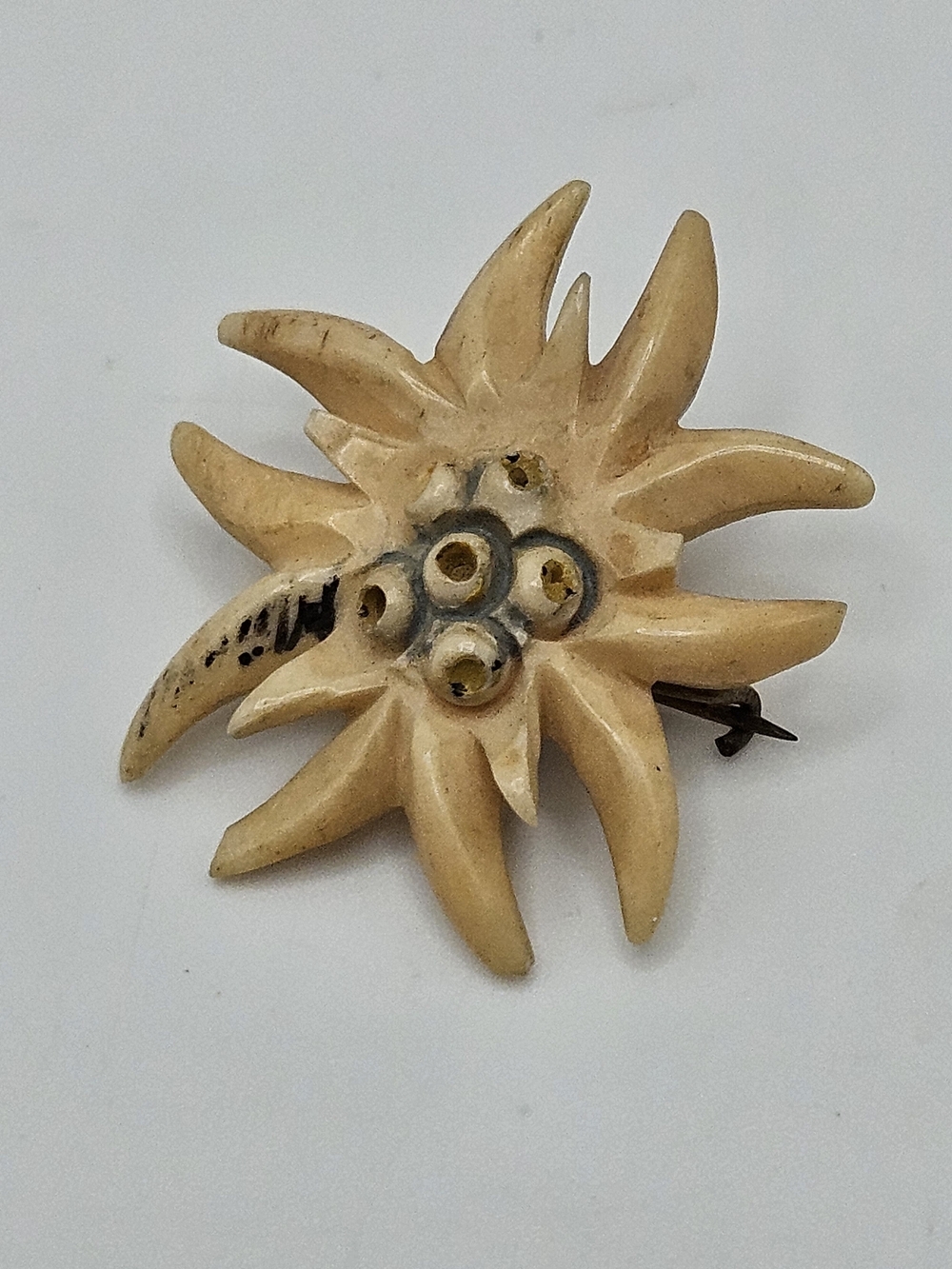 ANTIQUE Cream Carved Celluloid Edelweiss Star Flower Brooch Pin VTG Germany